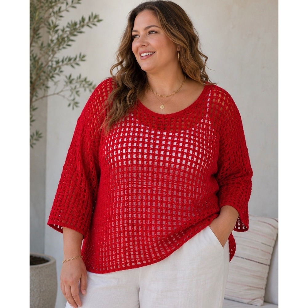 Chicos Red Open Knit Crochet Sweater Coverup Coastal Pullover Size 3 XL